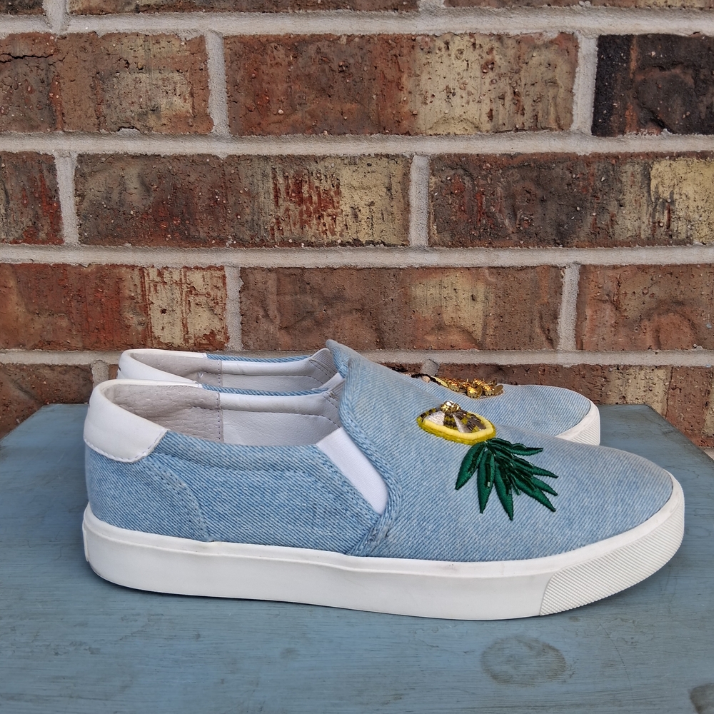 Sam Edelman Evalina Denim Slip On Sneakers Pineapple Lemon Embroidered Flats - Picture 3 of 11